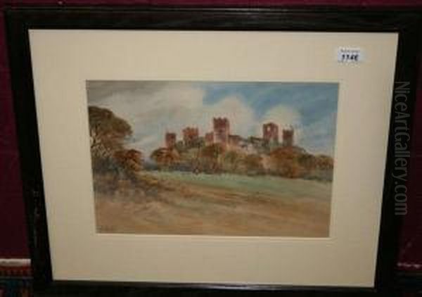 Figure Herding Sheep At The Foot Of A Hilltop Castle Oil Painting by Henry Woods