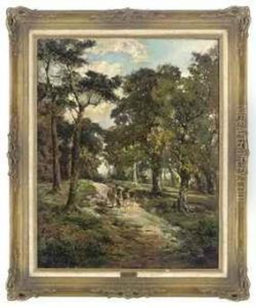 A Traveller With Two Donkeys On A Wooded Path Oil Painting by Henry Woods