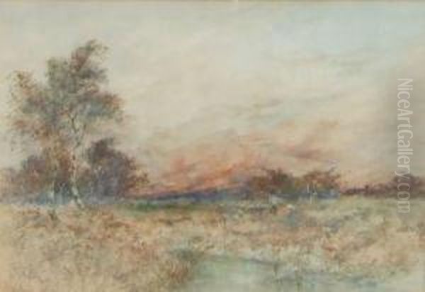 Shepherd And Sheep In Landscape At Sunset Oil Painting by Henry Woods