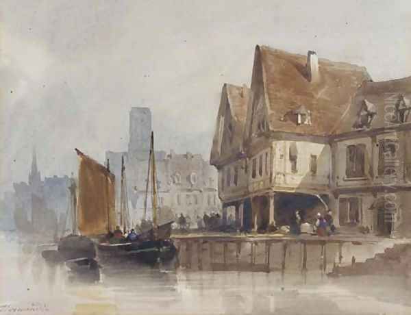 Fishing boats at a Continental quayside Oil Painting by Thomas Shotter Boys