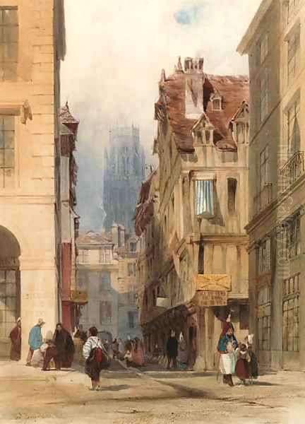 View in the Rue de la Tuile, Rouen, with the tower of St. Ouen in the distance, France Oil Painting by Thomas Shotter Boys