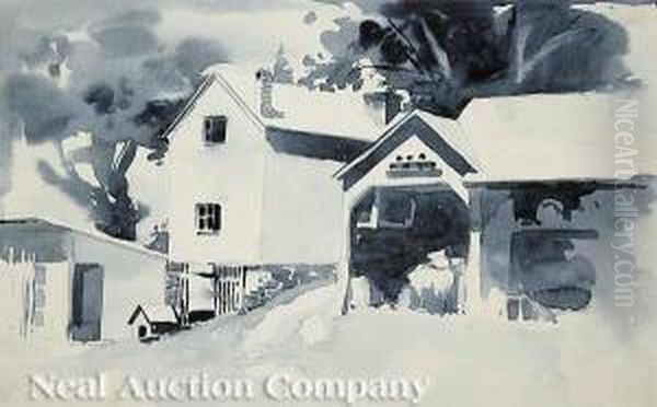 Newengland Cottage And Barn Oil Painting by Ellsworth Woodward