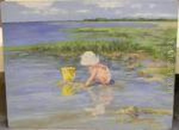 Child Playing In Shallow Water Byshoreline Oil Painting by Mabel May Woodward