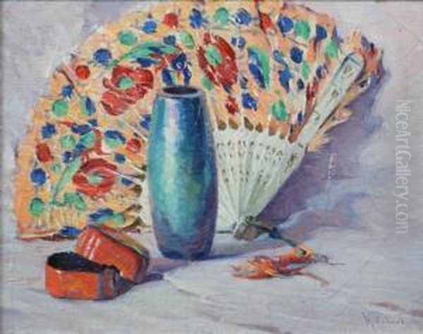 Still Life With Vase, Fan And Box Oil Painting by Mabel May Woodward