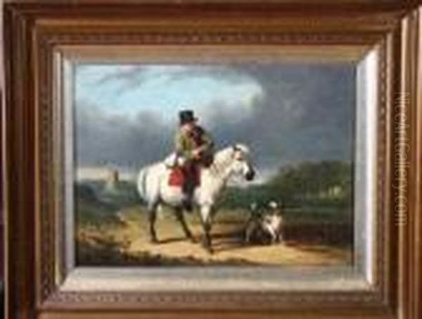 A Horseman Carrying Game Birds And A Basket Of Fruit Riding Along A Country Lane Accompanied By A Dog Oil Painting by Thomas Woodward