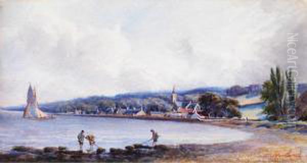 Stadtchen Mit Kirche An Einer Bucht Mitfischern Im Vordergrund Am Ufer Und Einem Segelschiff Oil Painting by William Woolard