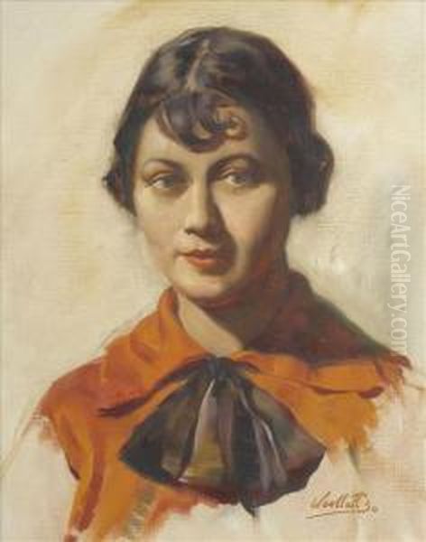 A Young Woman,head And Shoulders, Wearing Orange Blouse And Brown Bow Oil Painting by Edgar Woollatt