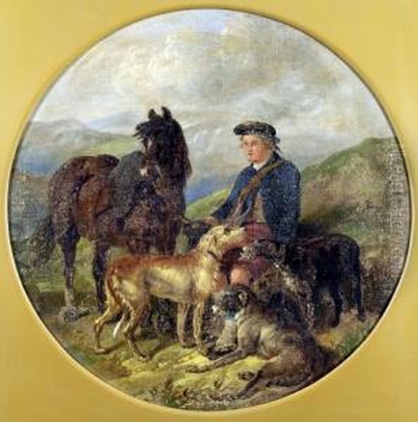 End Of Day, Scotsman, Wolfhounds And Horse In Landscape Oil Painting by Henry Woollett