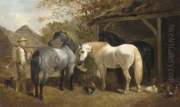 A Farmhand, Horses, Chickens And Ducks In A Farmyard Oil Painting by Henry Woollett