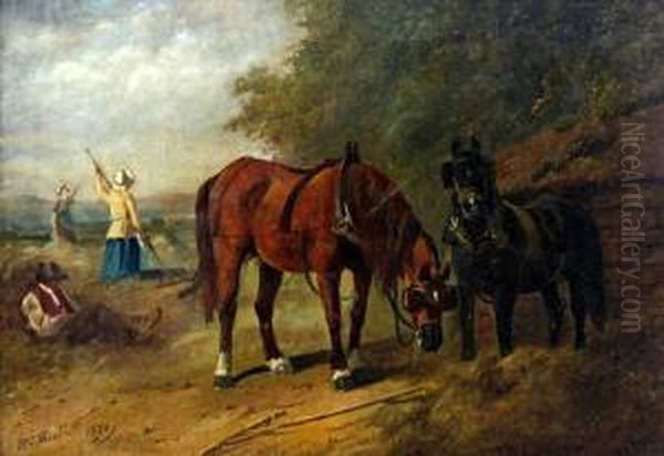 Haymaking, With Farm Horses And Cart Driver Resting Oil Painting by Henry Charles Woollett