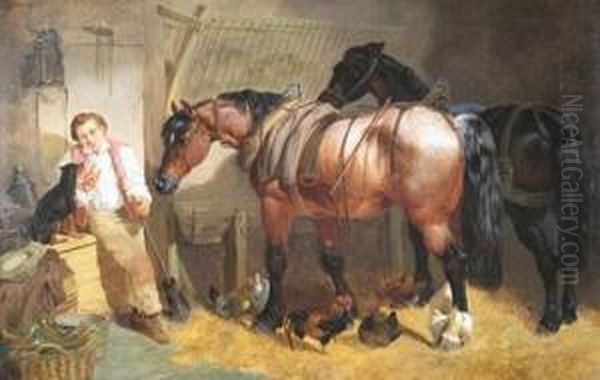 Stable Interior With A Groom, Horses And A Dog Oil Painting by Henry Charles Woollett