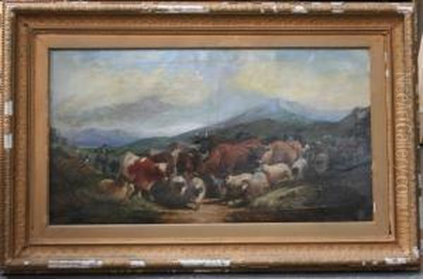 Highland View With Figures Herding And Driving Cattle And Sheep Along A Path Oil Painting by Henry Charles Woollett