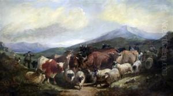 Drovers In The Highlands Oil Painting by Henry Charles Woollett