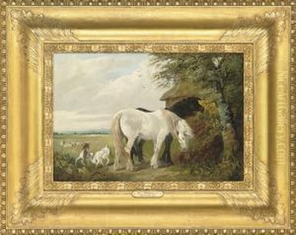 Horses And Chickens In A Farmyard; And Horses And Goats In Afield Oil Painting by Henry Charles Woollett