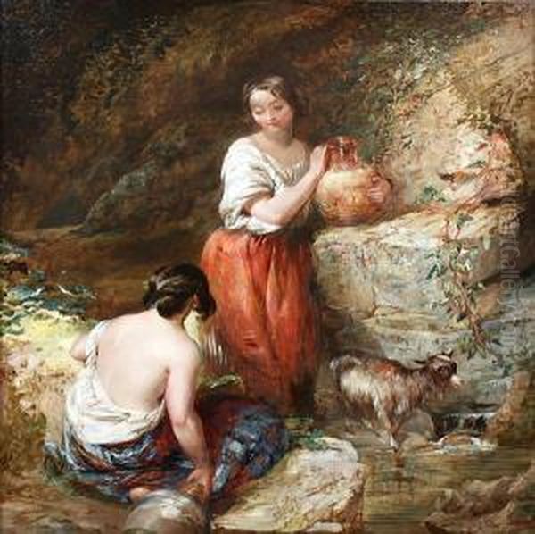 Young Maids Fetching Water At A Spring Oil Painting by Alfred Joseph Woolmer