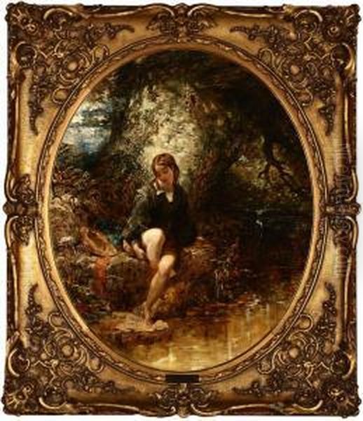 Young Woman Near A Stream In A Landscape Oil Painting by Alfred Joseph Woolmer