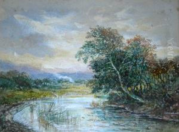 Riverside Landscape Oil Painting by Charles Nicholls Woolnoth