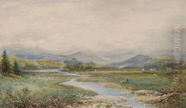 Figures And Sheep In Extensive Highland Landscape Oil Painting by Charles Nicholls Woolnoth