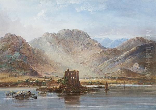 Castle Ruins And Loch Oil Painting by Charles Nicholls Woolnoth