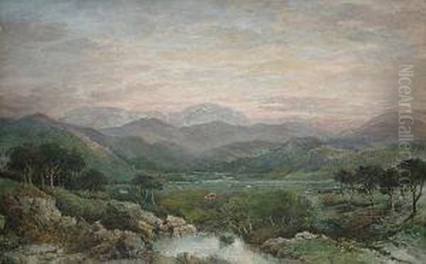 Cattle Grazing In A Mountainous Landscape Oil Painting by Charles Nicholls Woolnoth