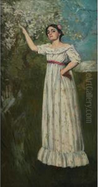 Woman In A Spring Landscape Oil Painting by Francis Humphry Woolrych