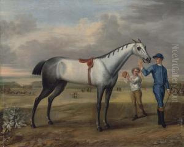 A Grey Racehorse Held By A Jockey Oil Painting by John Wootton