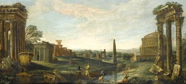 A Classical Landscape With Elegant Figures Amongst Ruins Oil Painting by John Wootton