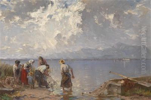 Fishing Family On Lake Chiemsee Oil Painting by Josef Wopfner