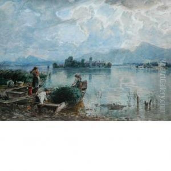 View Of The Chiemsee, Bavaria Oil Painting by Josef Wopfner