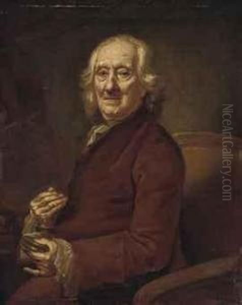 Portrait Of An Old Man, Half-length, Seated In A Brown Coat, Asnuff Box In His Left Hand Oil Painting by Thomas Worlidge