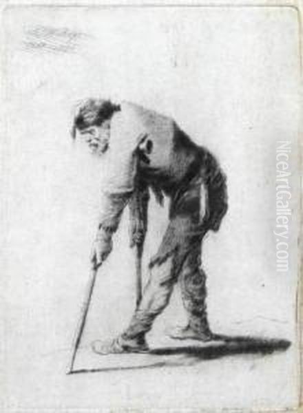 Beggar With Cap Leaning On Sticks To The Left Oil Painting by Thomas Worlidge