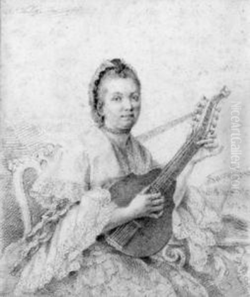 Portrait Of A Lady, Three-quarter Length, Seated, Playing Amandolin Oil Painting by Thomas Worlidge