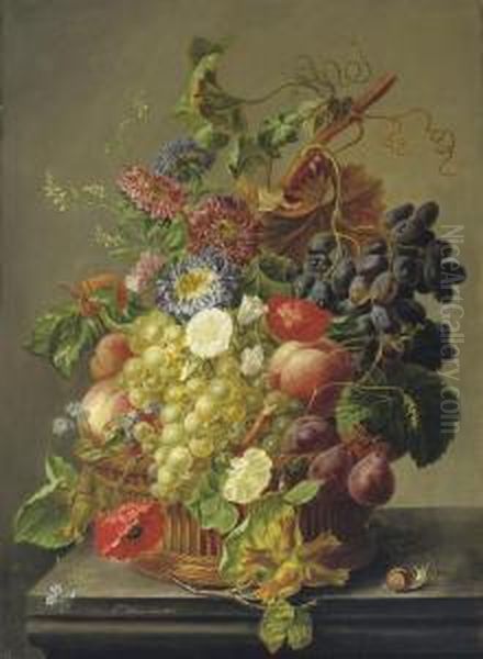 Summer Fruit And Flowers In A Basket Oil Painting by Elisabeth Worms Jacobber