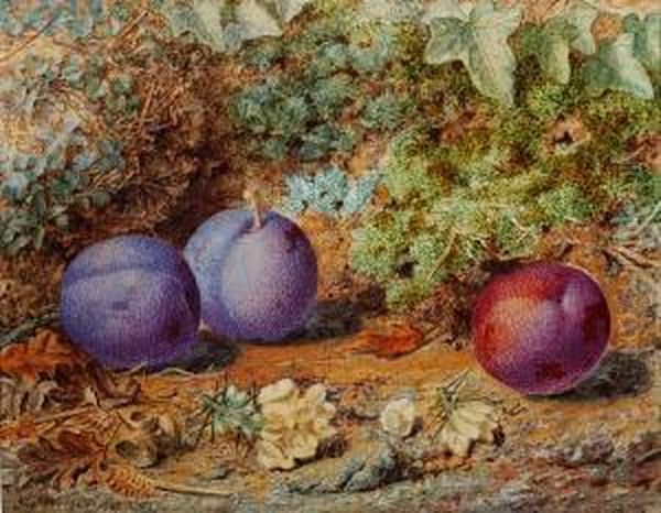 Still Life Of Plums On A Mossy Bank Oil Painting by Thomas Worsey