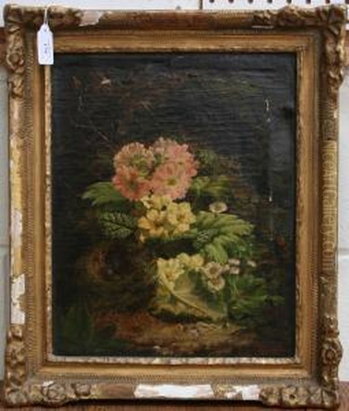 Still Life Study Of Primulas And Other Spring Flowers Beside A Bird's Nest Resting On The Mossy Ground Oil Painting by Thomas Worsey