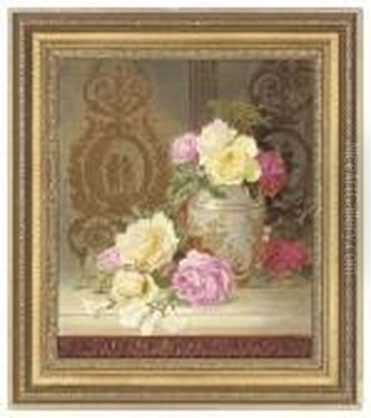 Roses In A Vase Oil Painting by Thomas Worsey