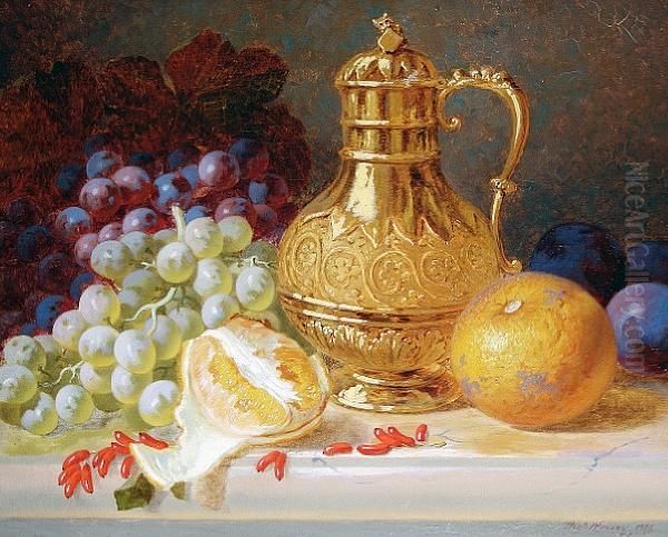 Still Life Of Oranges, Grapes And Plums With Aclaret Jug Oil Painting by Thomas Worsey