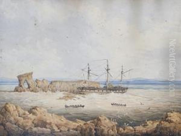 Hms Success On The Rocks Off Pulo Carnac, Swan River, Fremantle Oil Painting by H. Worsley