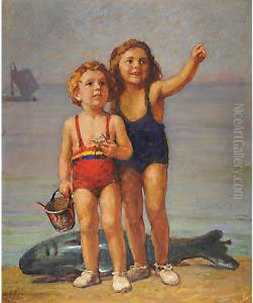 Ragazzini Sulla Spiaggia Oil Painting by Carlo Wostry