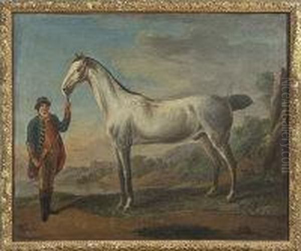 A Grey Arab Horse In A Landscape Held By A Groom In Library Oil Painting by John Wotton