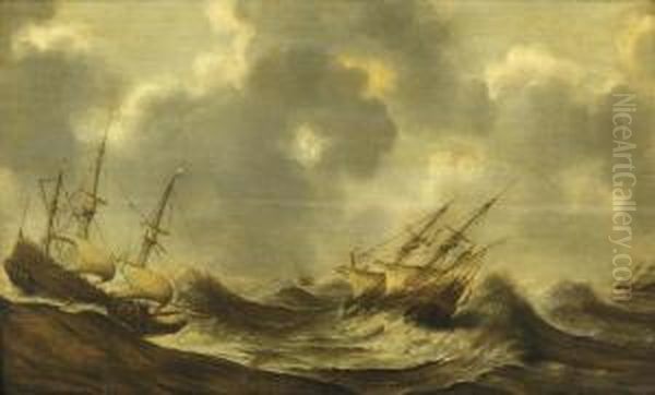 Three-masters In Rough Waters Oil Painting by Claes Claesz. Wou