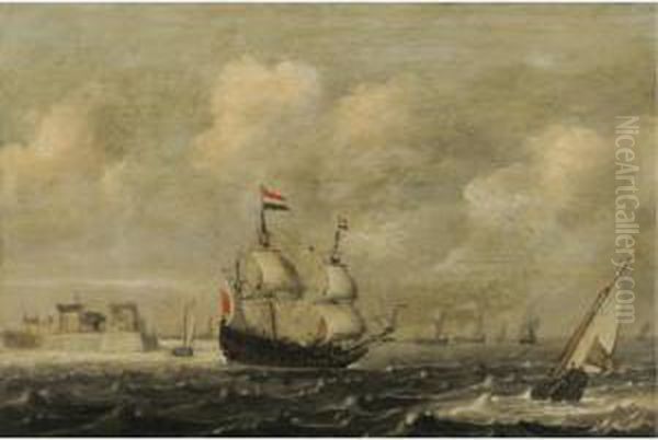 A Dutch Threemaster Before Fort Rammekens, Off The Coast Of Vlissingen Oil Painting by Claes Claesz. Wou