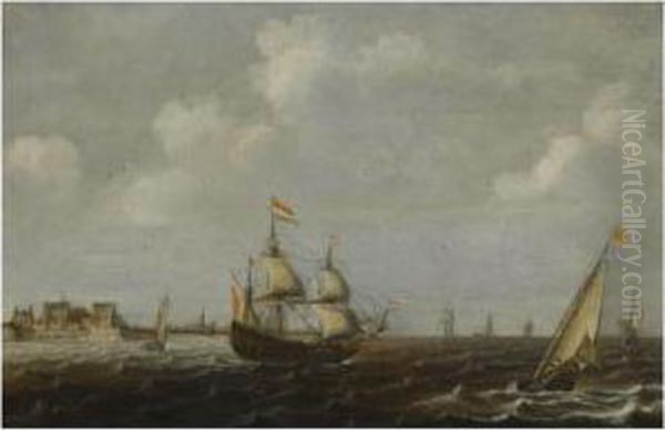 A Dutch Threemaster And Other Shipping In Choppy Waters, A View Offort Rammekens Off The Coast Of Vlissingen In The Background Oil Painting by Claes Claesz. Wou