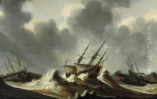 Dutch Three-masters In Stormy Waters Oil Painting by Claes Claesz. Wou