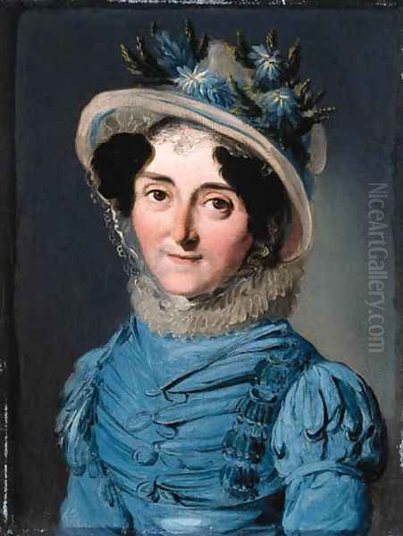 Portrait of a lady, small bust-length, in a blue dress and a hat decorated with flowers Oil Painting by Louis Leopold Boilly