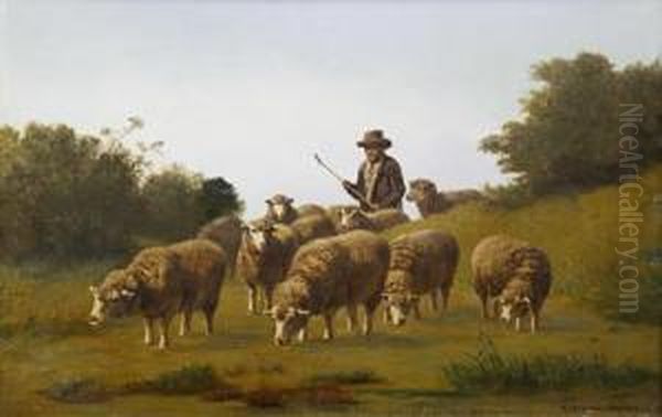 A Shepherd With His Flock Oil Painting by Edouard Woutermaertens