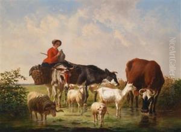 Shepherdessreturning Home With Her Flock Oil Painting by Edouard Woutermaertens