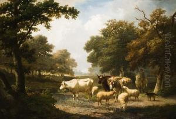 Kudde Aan De Drinkplaats Oil Painting by Edouard Woutermaertens