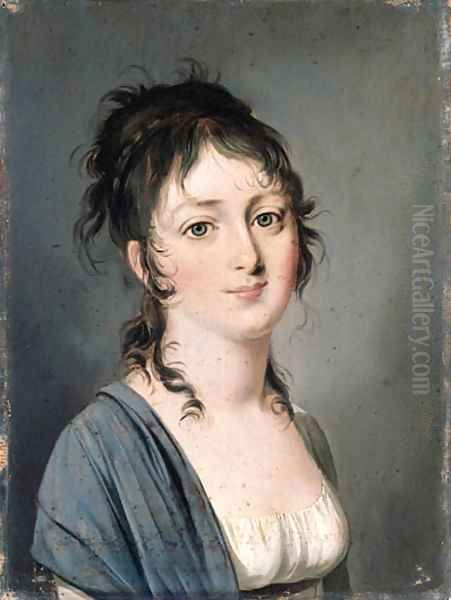 Portrait of Comtesse Francois Aldegonde, small bust-length, in a white dress with a blue shawl Oil Painting by Louis Leopold Boilly