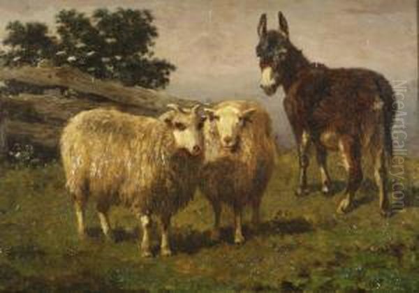 Landschap Met Twee Schapen En Ezel Oil Painting by Edouard Woutermaertens